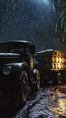Vintage truck under rain at night, parked beside a trailer filled with barrels.
