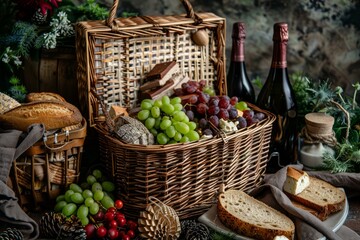 Christmas picnic basket overflowing with festive goodies and wine bottles