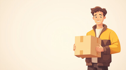 Delivery person holding a package in a cartoon style with copy space