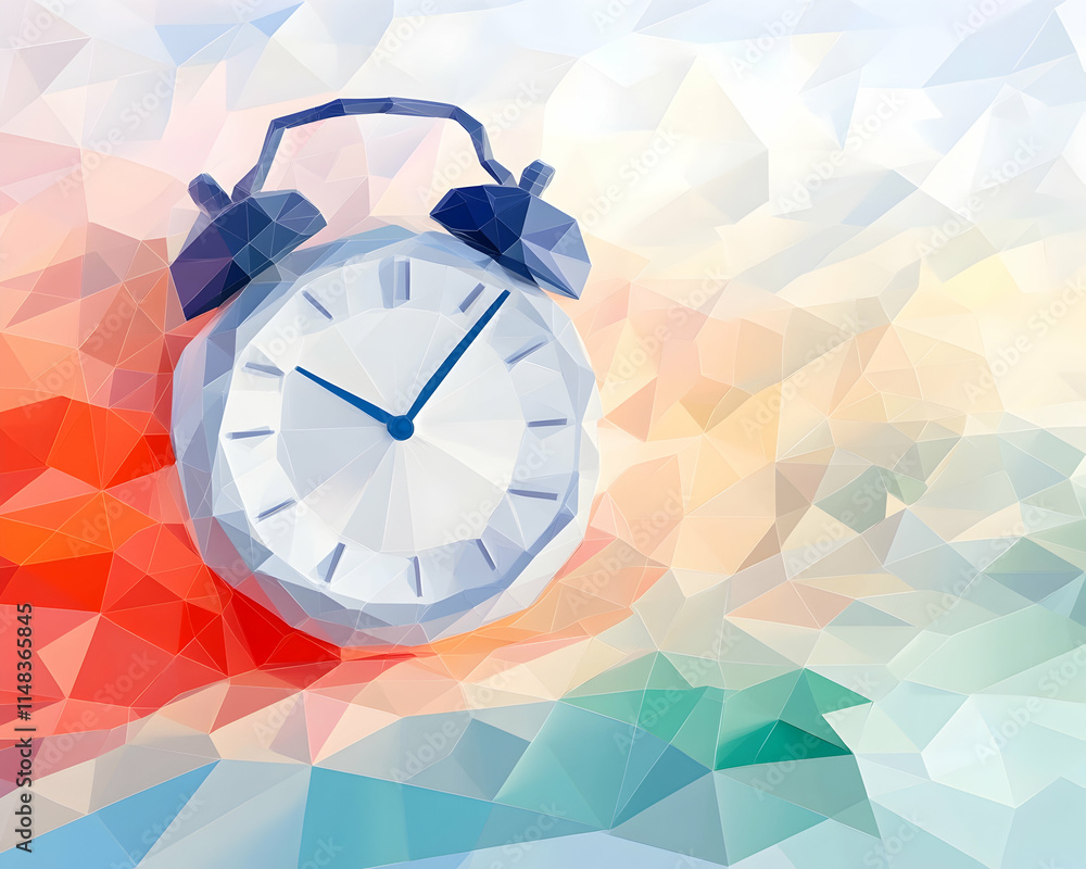 Poster low poly alarm clock on a geometric color backdrop, usable for time management topics.