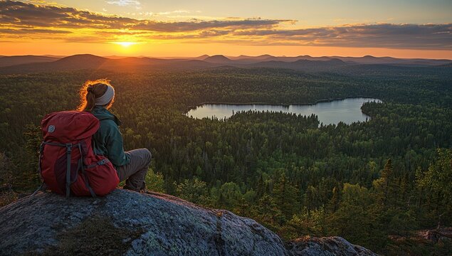Hiker Contemplates Sunset's Golden Hues Over Vast Forest and Serene Lake, Achieving Tranquility on Mountain Peak.