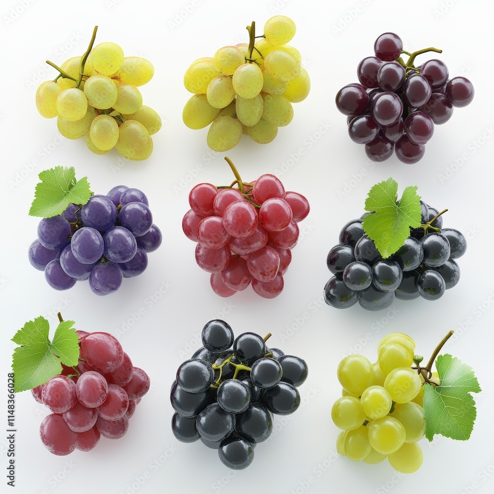 Poster 3d visualization of assorted grape varieties, each fruit with natural shine and texture under soft l