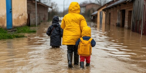 Children wade through a flooded street, wearing colorful raincoats, highlighting the impact of severe weather.