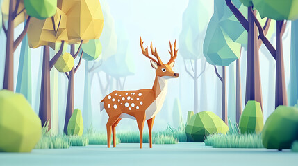 Low poly deer stands in a misty forest, with geometric trees. Can be used for a wildlife or nature related project.