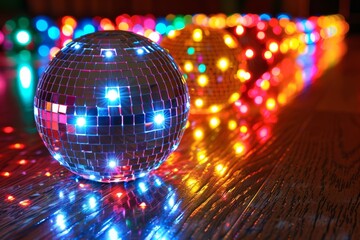 Obraz premium Colorful disco balls reflecting bright lights on a wooden floor creating a vibrant party atmosphere