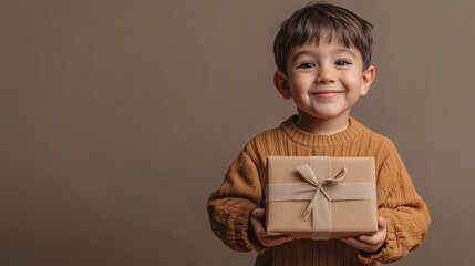 Happy boy holding a gift box on a brown background with copy space
