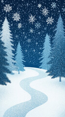 Fototapeta premium Illustration of a serene winter forest blanketed in soft, blue-tinted snow, with tall, blue pine trees framing