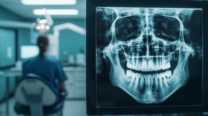 Professional Dental X-ray Displaying Clear Image of Human Skull and Teeth in Modern Clinic with Dentist in Background Focused on Patient Care