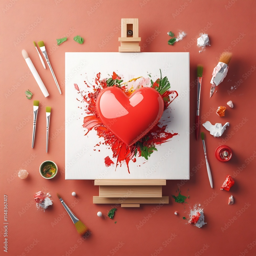 Poster cartoon heart character painting a colorful expressive canvas surrounded by an array of vibrant art 