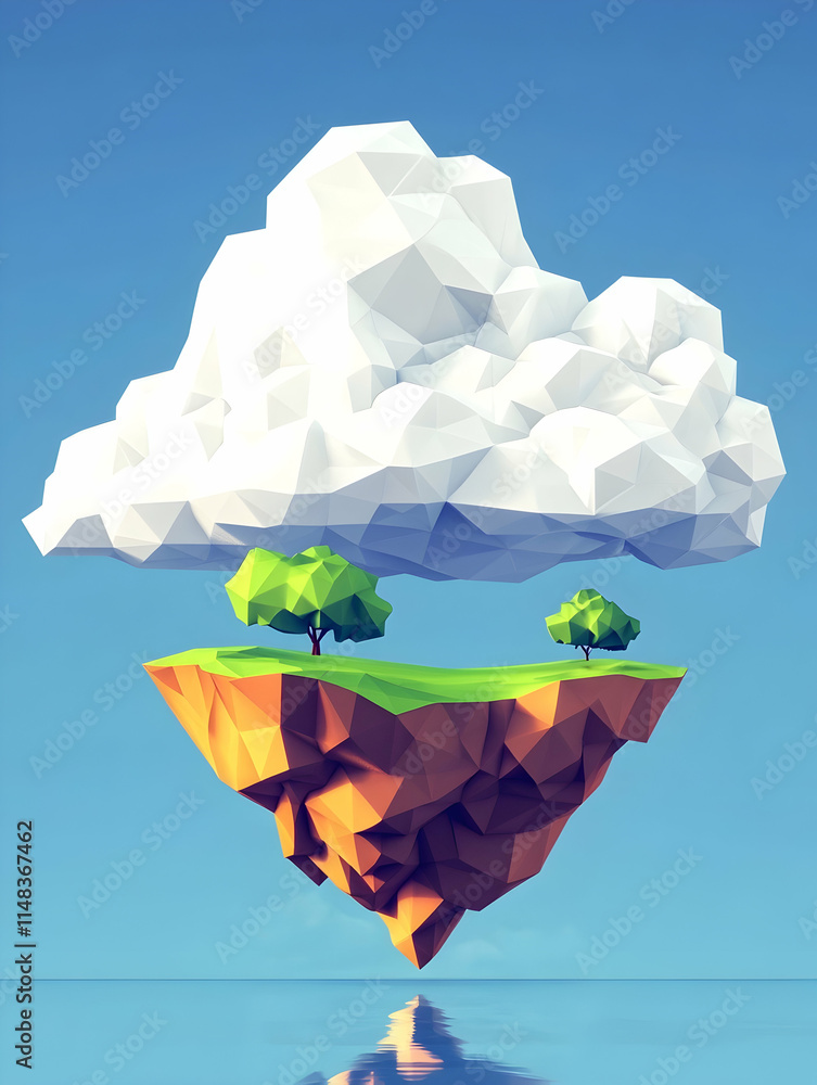 Poster low poly island with trees floats under a polygonal cloud, blue sky background, for use in graphic d