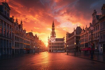 Fototapeta premium Grand place in brussels shining under dramatic red and orange sunrise sky