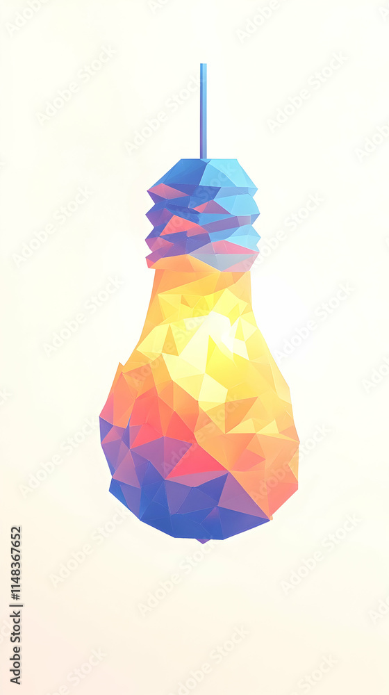 Poster low poly light bulb with yellow and blue triangles on string, isolated on a white background, for de