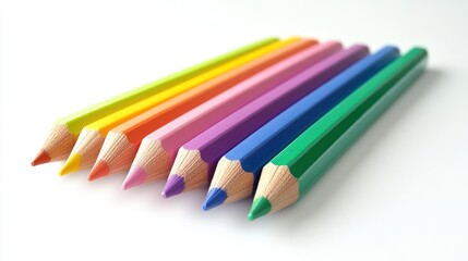 Fototapeta premium Colorful pencils arranged in a row on a white background.