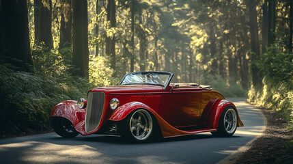 Red Coupe Soft Top Cruising on the Open Road
