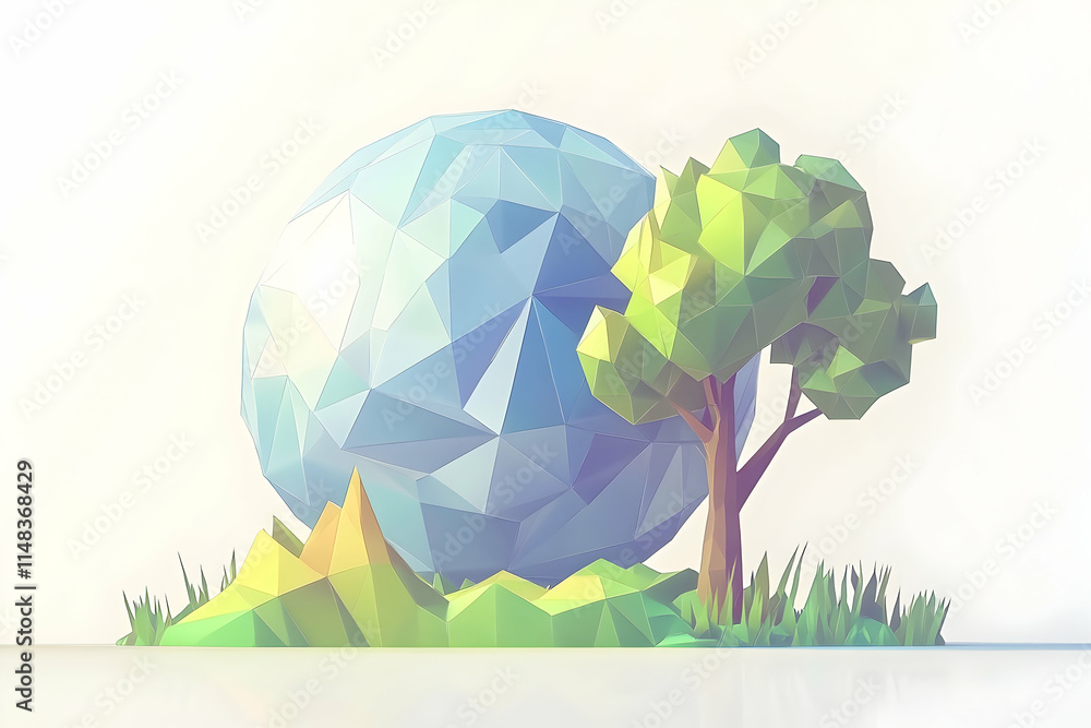 Poster low poly sphere and tree on grass with sunlit background for use as a 3d render texture or illustrat
