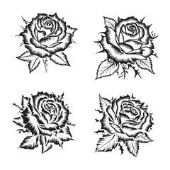 rose flower silhouette vector white background Set of decorative rose with leaves. Flower silhoutte. Vector illustration
 