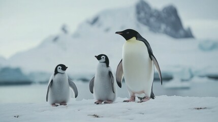 Emperor penguin family on Antarctic ice.