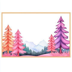 Fototapeta premium Colorful watercolor of trees and mountains in serene landscape. Perfect for nature themed designs and decor