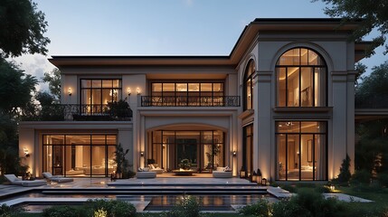 Fototapeta premium Warm lights enhance the beauty of a modern villa in forest image