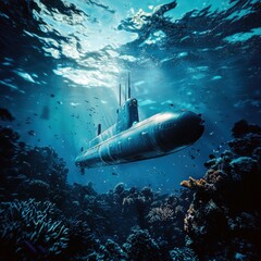 A submarine glides through vibrant coral reefs, exploring the underwater world.