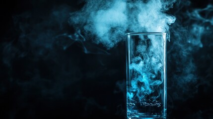 Glass with blue smoke on black background.