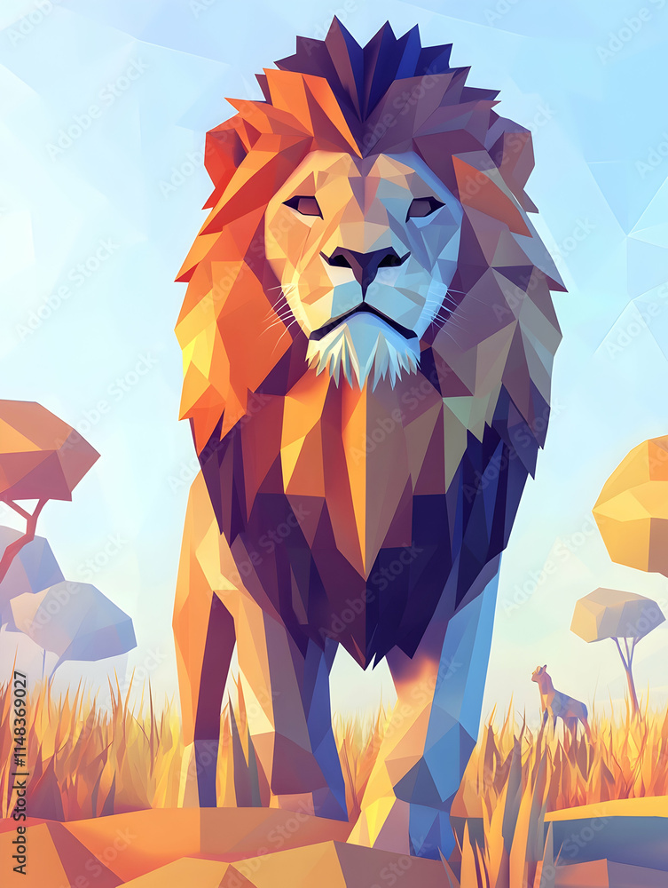 Poster low polygon lion standing in grass, with trees and another lion in background, for use in graphics o