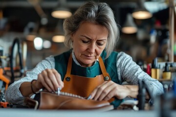 A focused shoemaker measures and assembles a high-quality leather shoe, reflecting the artistry and precision involved in creating durable, stylish footwear for customers.