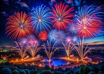 Stunning Red & Blue Fireworks Night Photography - Aerial Long Exposure Black Sky