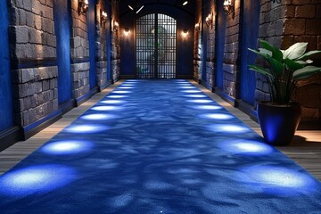 Fototapeta premium Elegant hallway featuring blue carpet and dramatic lighting in a stylish interior space