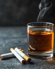 Glass of Rich Amber Whiskey Beside Three Cigarettes on Dark Stone Table with Smoke Rising in Atmospheric Setting