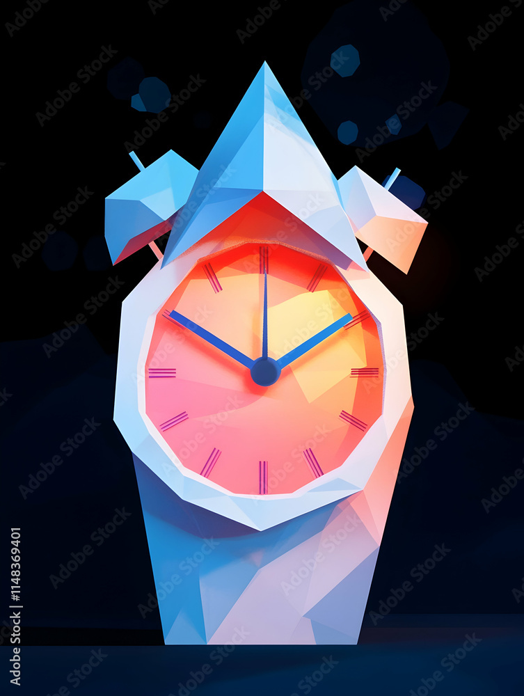 Poster low-poly alarm clock glows in dark; time management concept; website banner.