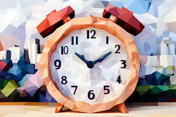 Low-poly alarm clock city background time management concept.