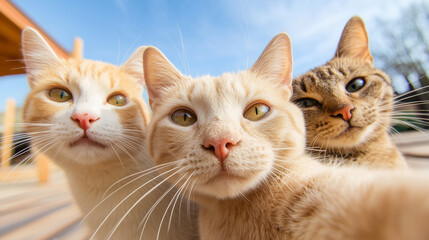 Three cats posing for a close-up under the blue sky
