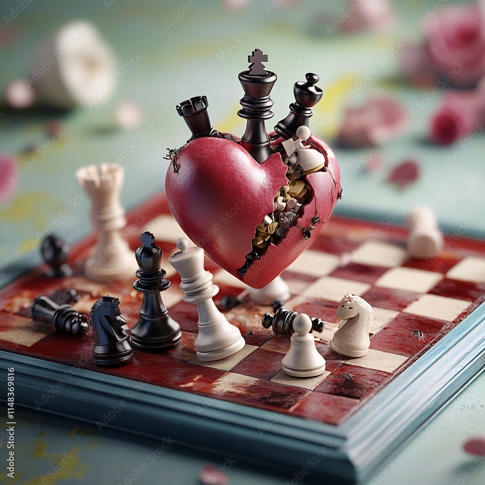 Poster animated heart playing a focused and strategic game of chess on a vibrant and colorful game board re