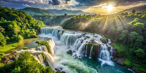 Fototapeta premium Stunning Slow Motion Waterfall Aerial Photography: High Resolution Images of Cascading Water