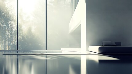 Modern minimalist home interior with forest view