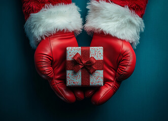 Santa Claus's hands in bright red boxing gloves, holding a square gift box wrapped in festive paper