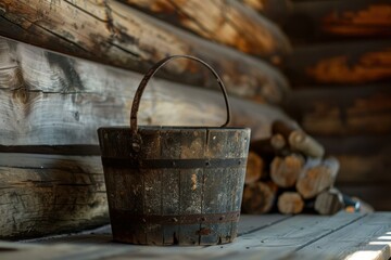Old wooden bucket sitting on table in rustic log cabin sauna