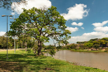 View of the famous Taboao lake on a sunny day in the Brazilian summer, in the city of Bragança Paulista, Brazil, a tourist town known in the inland of Sao Paulo
