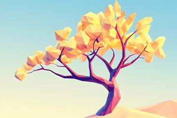 Low-poly autumn tree illustration, digital art, clear sky background, website design.