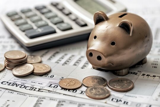 Piggy bank, calculator and cryptocurrency coins sitting on financial newspaper