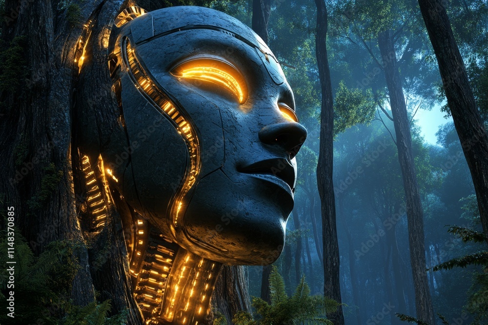 Poster a magical head-shaped structure in a glowing forest, with golden gears inside that rotate to emit et