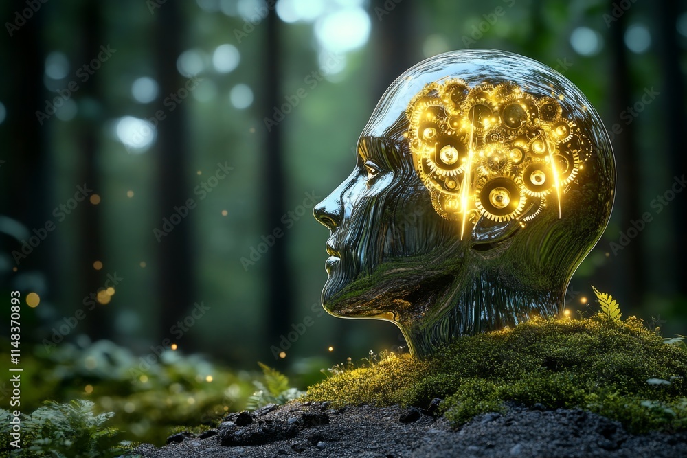 Poster a magical head-shaped structure in a glowing forest, with golden gears inside that rotate to emit et