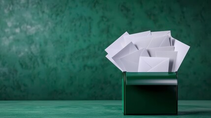 Vintage Green Mailbox Overflowing with White Envelopes Against a Textured Green Background, Creating a Nostalgic and Inviting Atmosphere for Communication and Connection