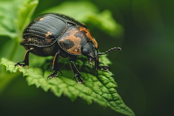 Naklejka premium Earth boring dung beetle exploring green leaf in lush forest