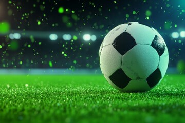Naklejka premium A 3D-rendered soccer ball on a dynamic green field, with the motion of a powerful kick frozen in time