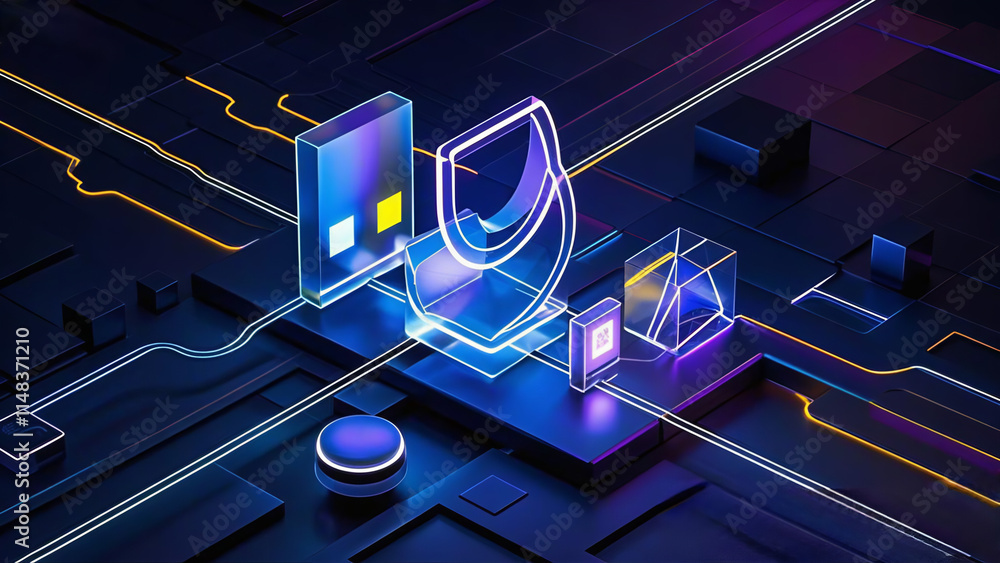 Aufkleber futuristic technology scene with a cityscape, screens displaying code and backgrounds, representing 