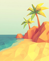 Obraz premium Low-poly beach scene two palm trees on sandy shore, calm ocean background, ideal for summer travel brochures.