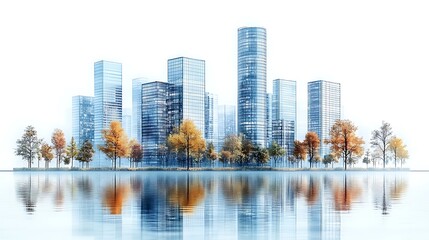 Fototapeta premium Autumnal trees frame a scenic urban skyline reflected in calm water wallpaper image