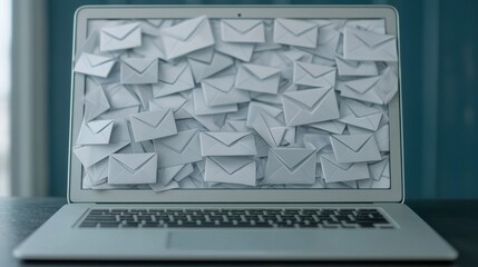 Overflowing Inbox Concept on Laptop Displaying Numerous White Envelopes Signifying Digital Communication Overload and Email Management Challenges in Modern Workplace